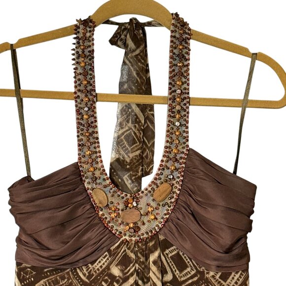 BCBGMAXAZRIA Vintage 100% Silk Beaded Halter Dress Cottagecore Boho Y2K - Picture 3 of 8